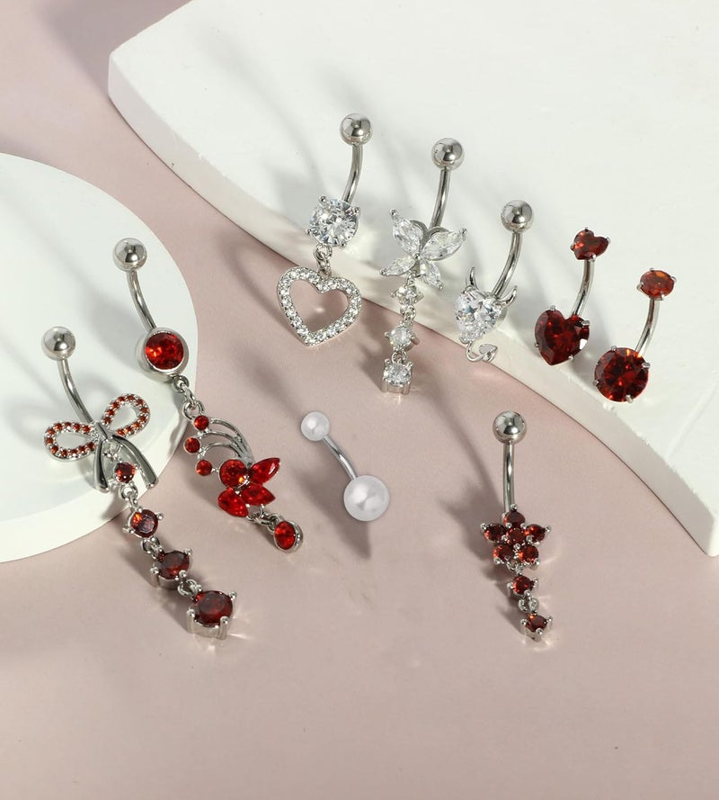 Suotarn 14G Belly Button ring Dangle Belly Rings Surgical Stainless Steel Cute Bow Butterfly Heart Flower Dangling Belly Button Piercing Jewelry For Women Silver Dainty Dangly Navel Ring - Image 3
